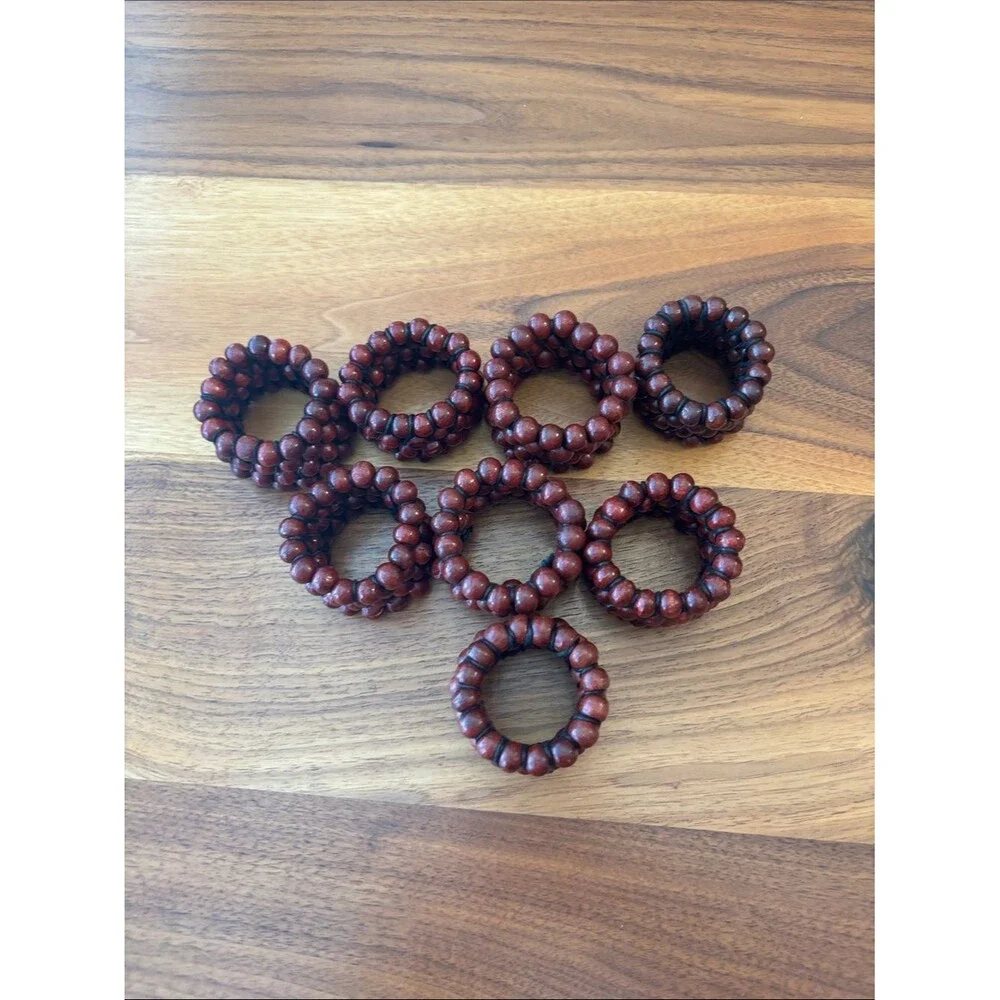 Crate & Barrel Mahogany Wood Red Beaded Napkin Rings Set of 8